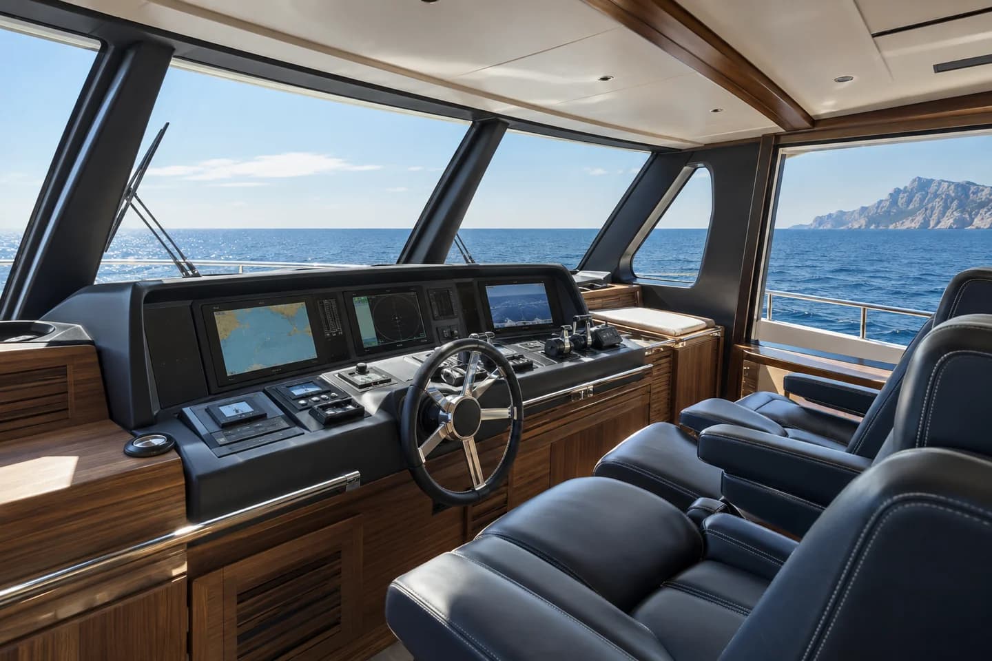 A modern yacht bridge with wide windows overlooking the sea