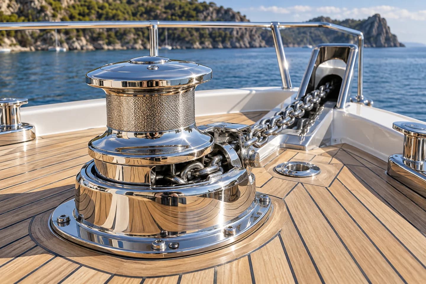 A polished stainless steel yacht windlass and anchor chain reflecting sunlight on a teak deck