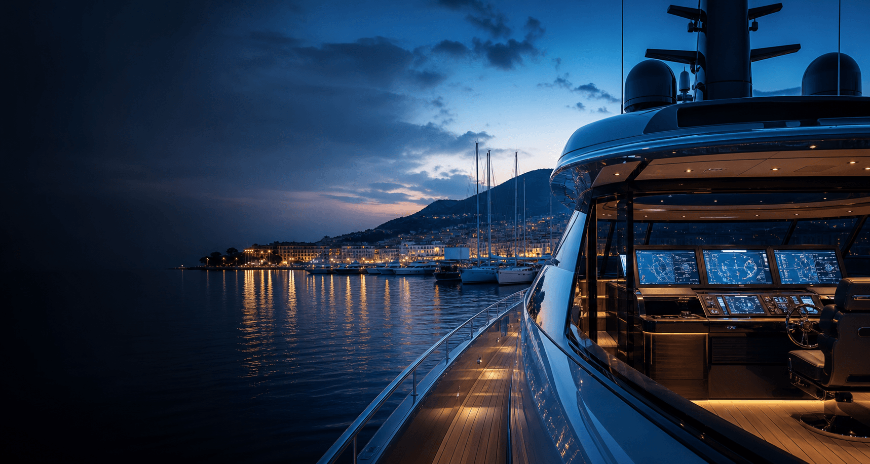 Luxury superyacht bridge with digital navigation systems